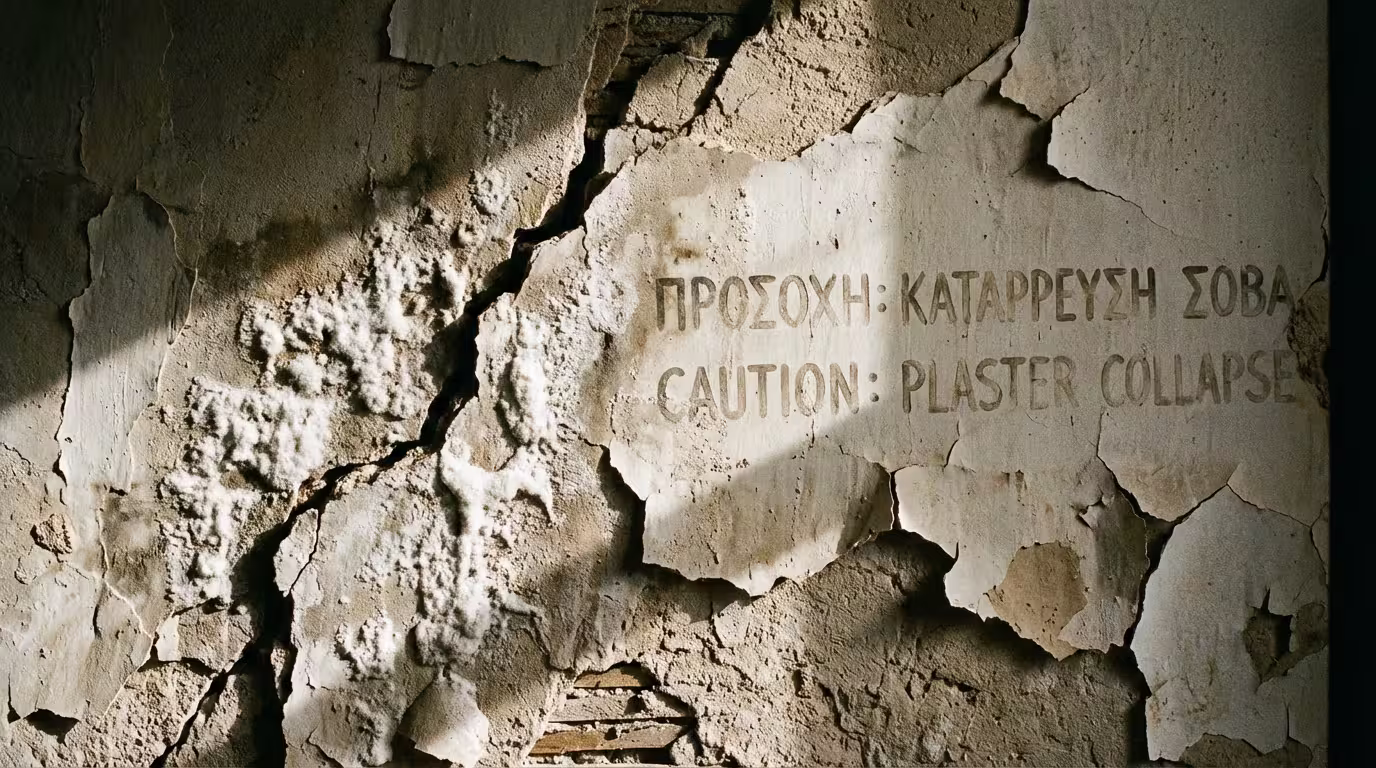 Φθαρμένος σοβάς με ρωγμές, άλατα και ξεφλούδισμα