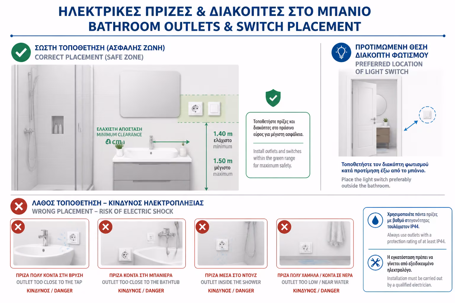 Ασφαλείς θέσεις για πρίζες και διακόπτες μπάνιου