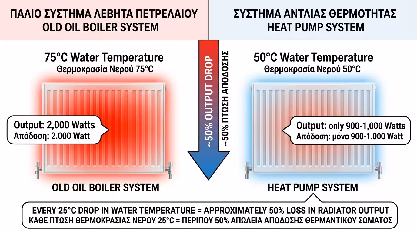 Σύγκριση απόδοσης καλοριφέρ: νερό 75°C (λέβητας) vs 50°C (Αντλία Θερμότητας) - πτώση Watt