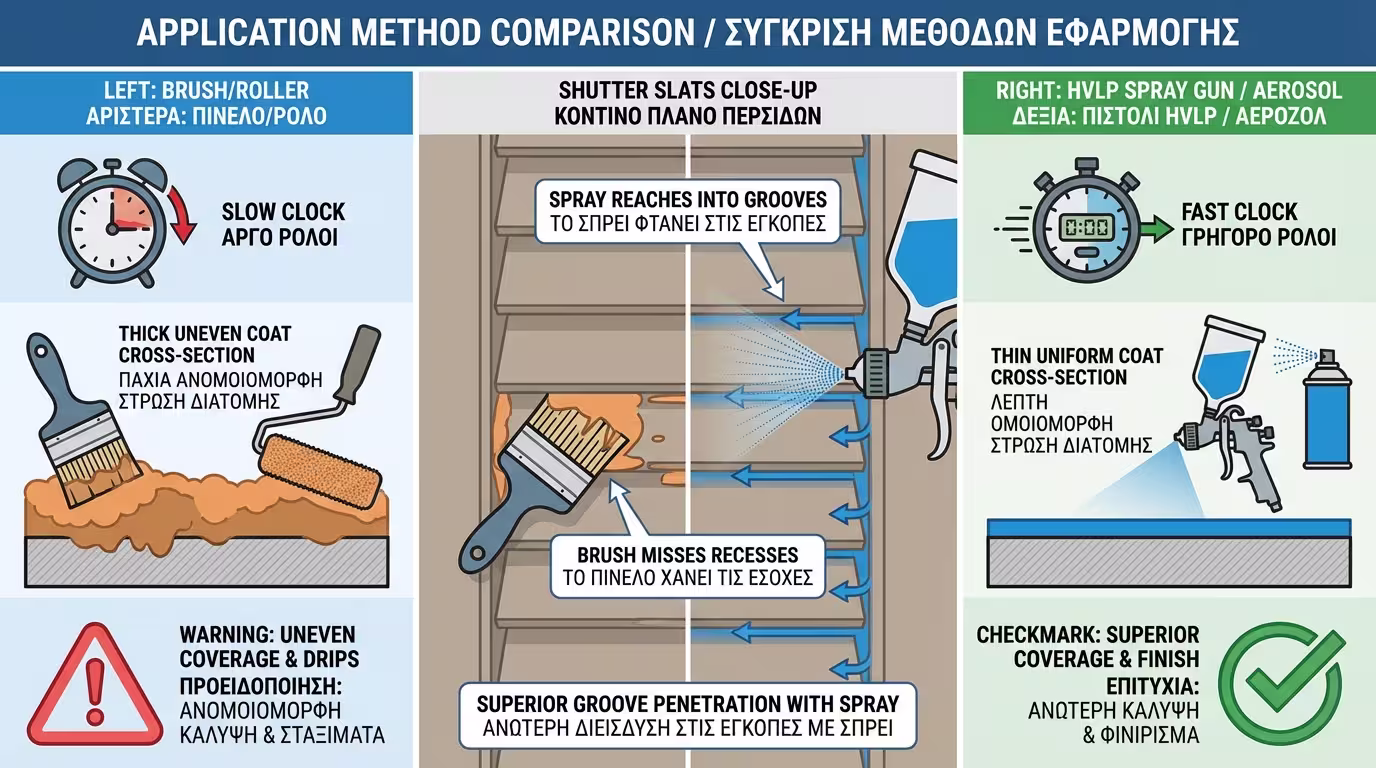 Ινφογκράφικ: Σύγκριση πινέλο (χρονοβόρο, ανομοιόμορφο) vs σπρέι/πιστόλι HVLP (ομοιόμορφο, λεπτό φιλμ).