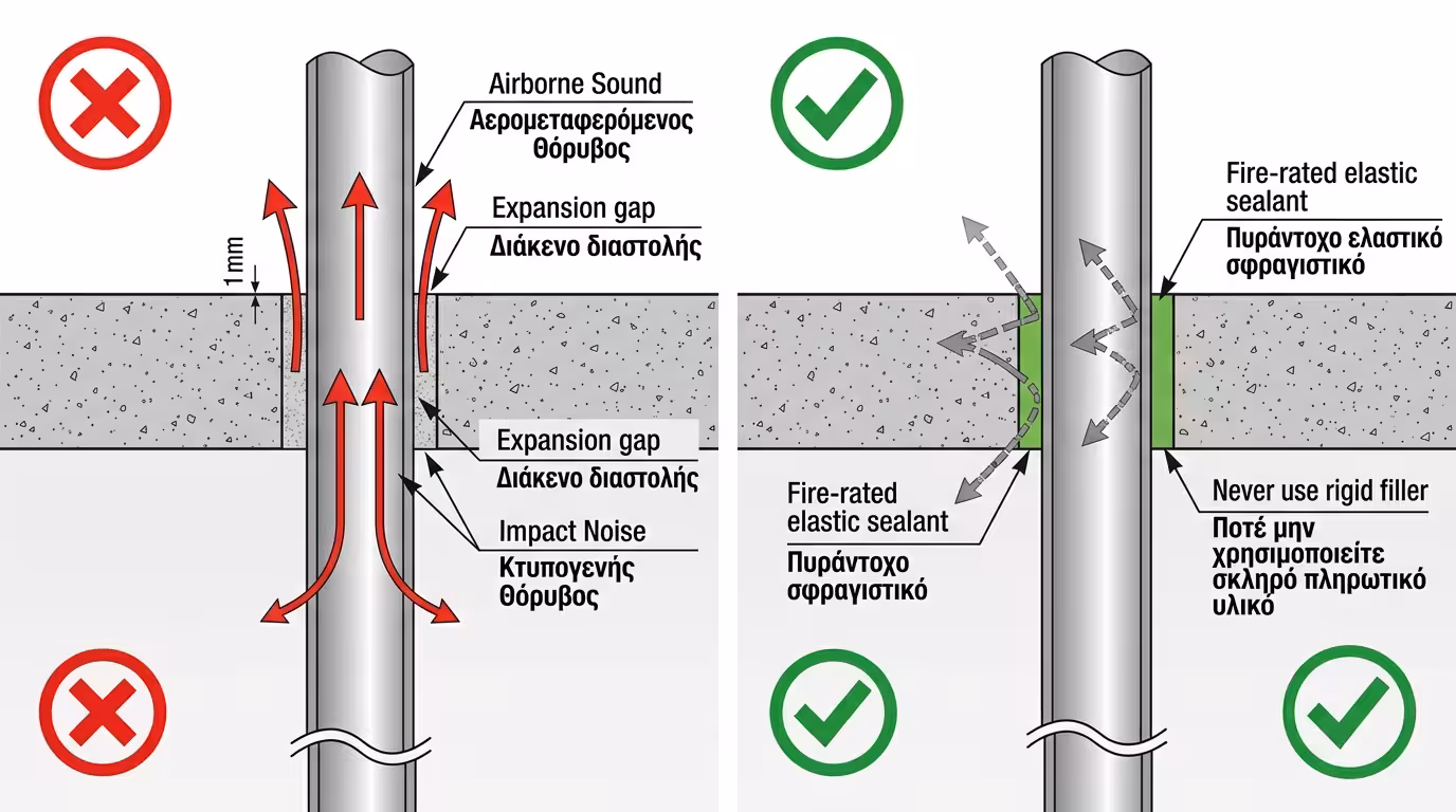 Σωλήνες καλοριφέρ που τρυπούν τη μπετονένια πλάκα χωρίς σφράγισμα