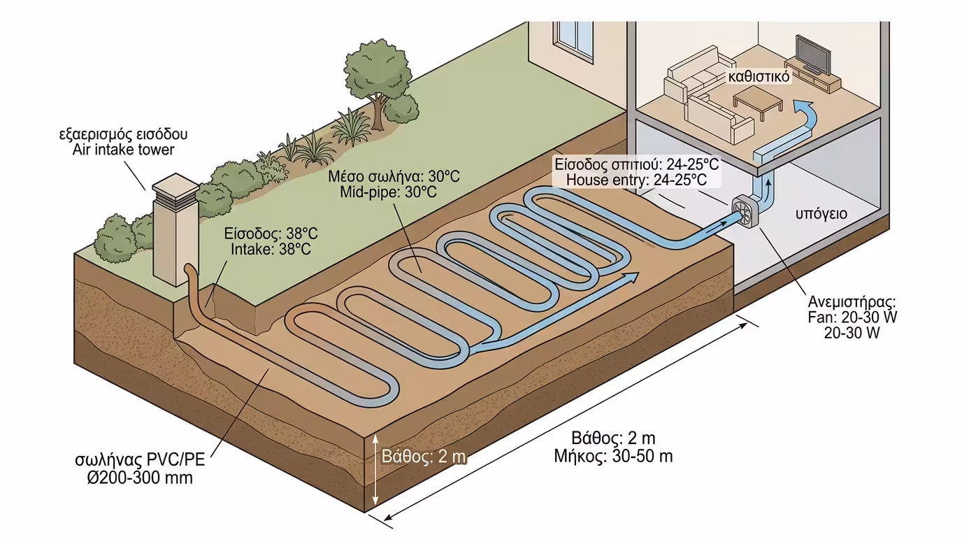 Σωληνώσεις γεωεναλλάκτη - θαμμένοι σωλήνες 2 μέτρα βάθος σαν φιδάκι στον κήπο 30-50 μέτρα