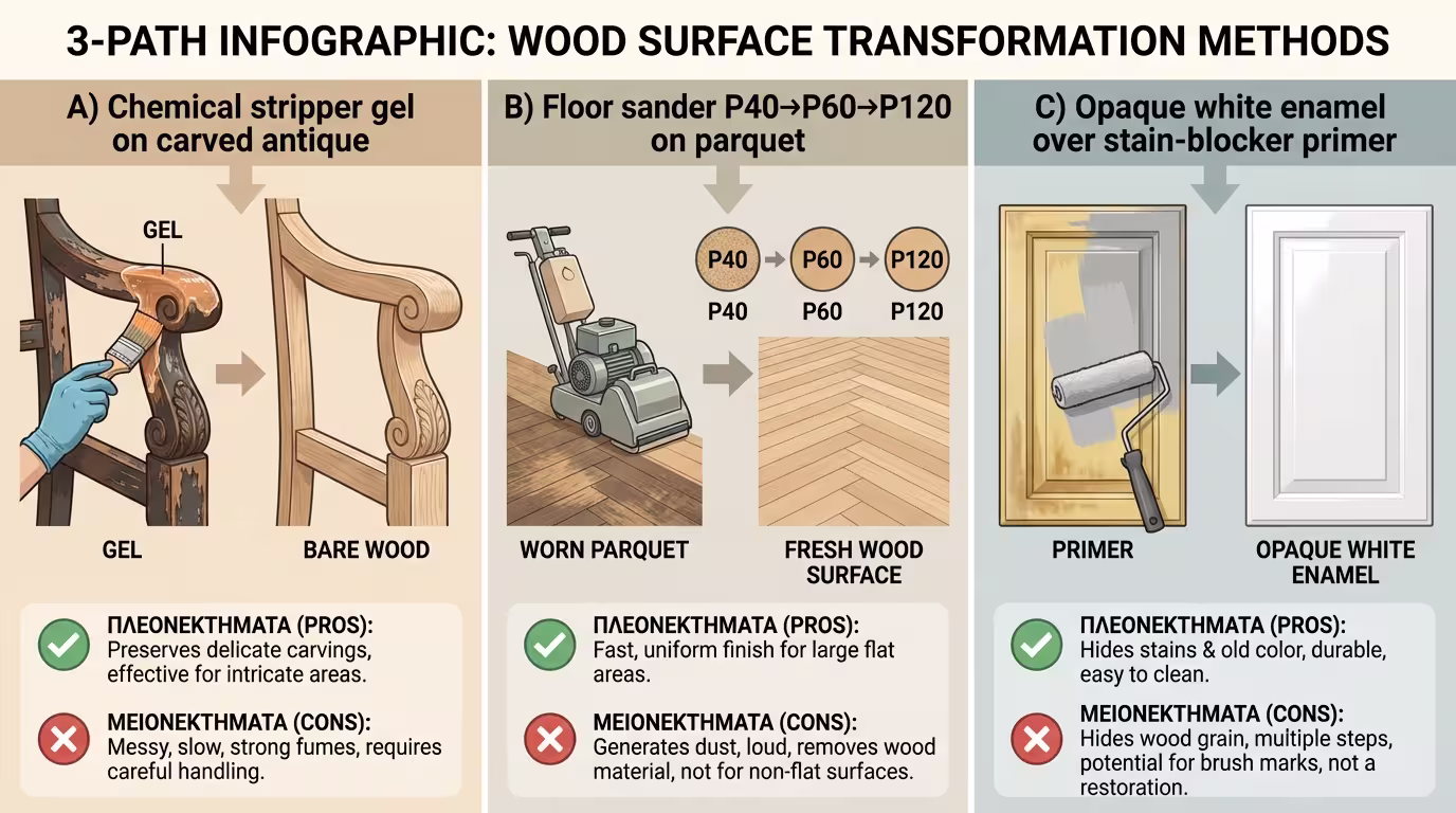 Ινφογκράφικ 3 λύσεων: Α) Χημικό διαβρωτικό → γυμνό ξύλο (σκαλίσματα), Β) Μηχανική λείανση P40→P120 (πατώματα), Γ) Καλυπτικό χρώμα + stain-blocker (ελληνικά και αγγλικά)