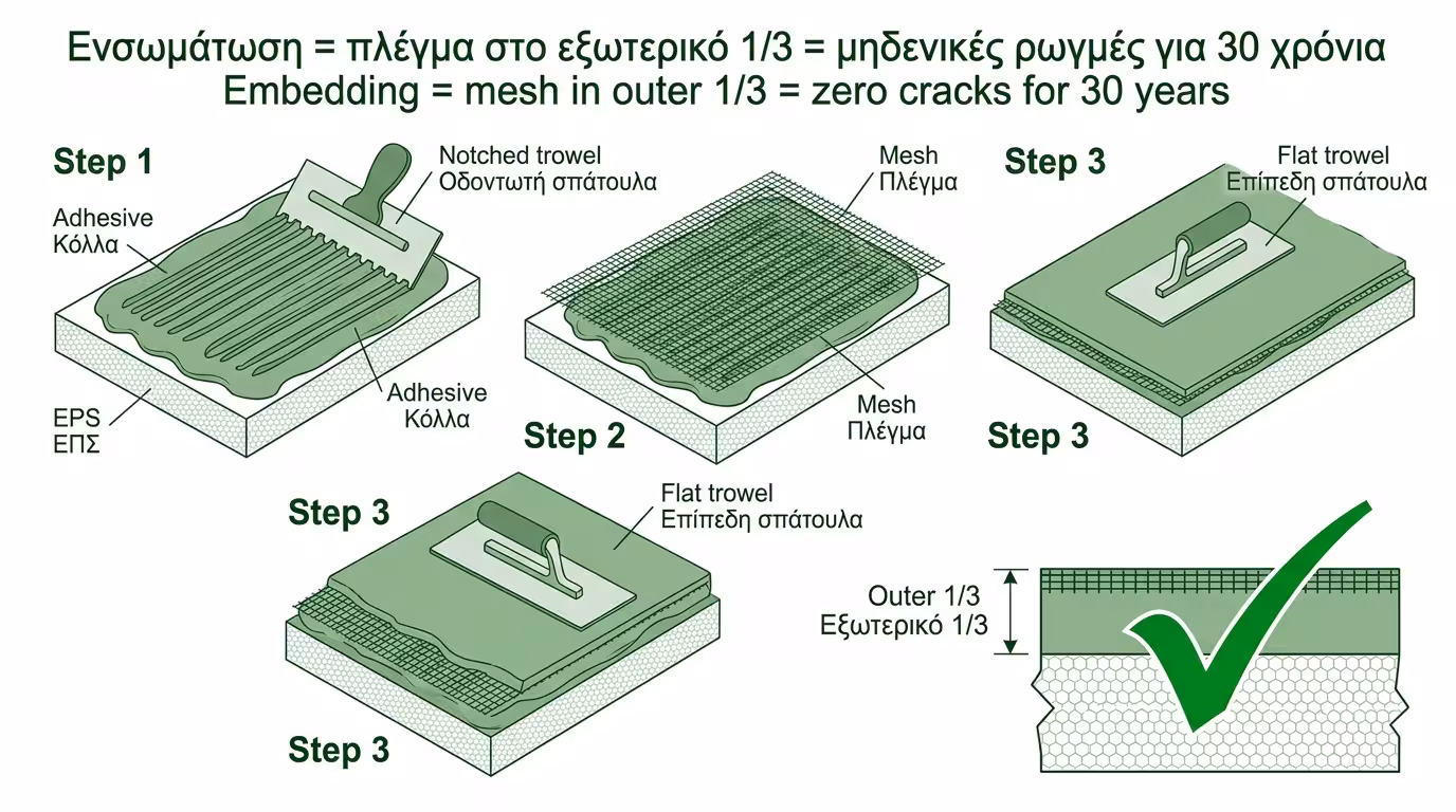 Σωστός εγκιβωτισμός - πλέγμα κολυμπάει στο εξωτερικό 1/3 της κόλλας