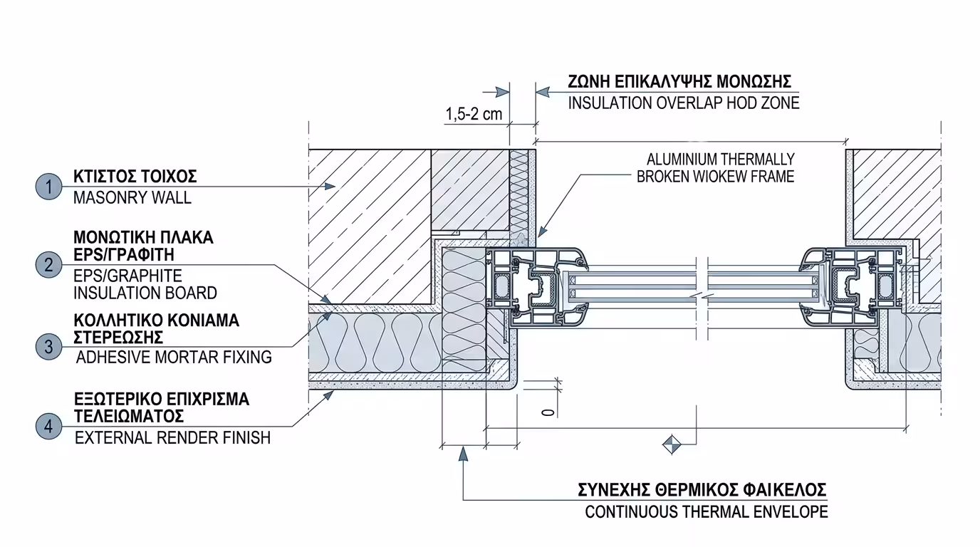 Σωστό καβαλάρισμα κάσας αλουμινίου από φελιζόλ θερμοπρόσοψης ETICS - εξαφάνιση θερμογέφυρας