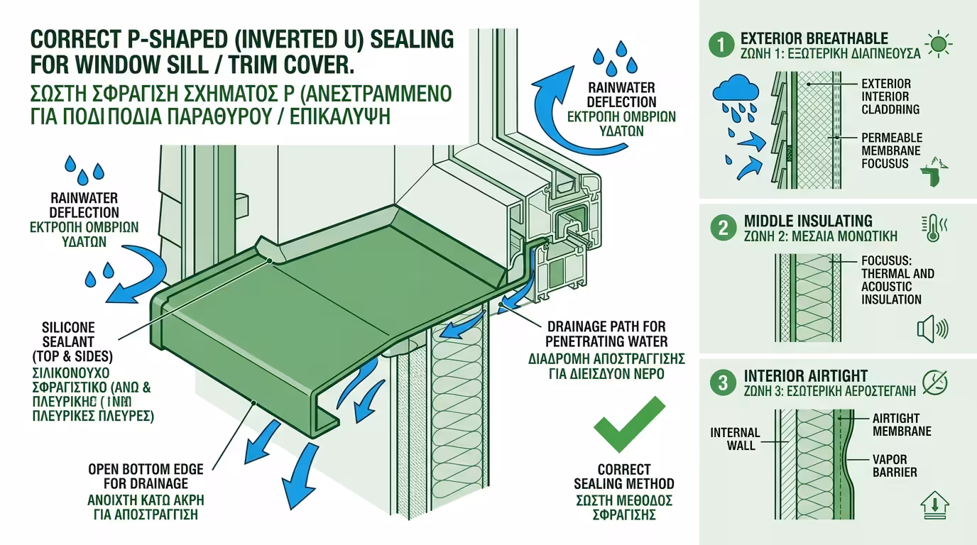 Σωστό σχήμα Π σιλικόνης - ανοιχτή κάτω πλευρά για αποστράγγιση γύρω από αρμοκάλυπτρο