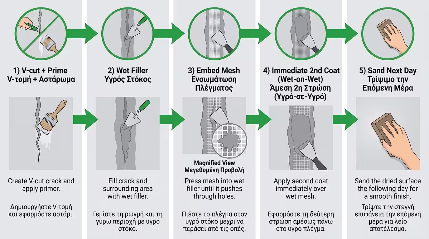 5 βήματα σωστής τοποθέτησης: V-cut, νωπός στόκος, δίχτυ βυθίζεται, 2ο χέρι υγρό-σε-υγρό, τρίψιμο