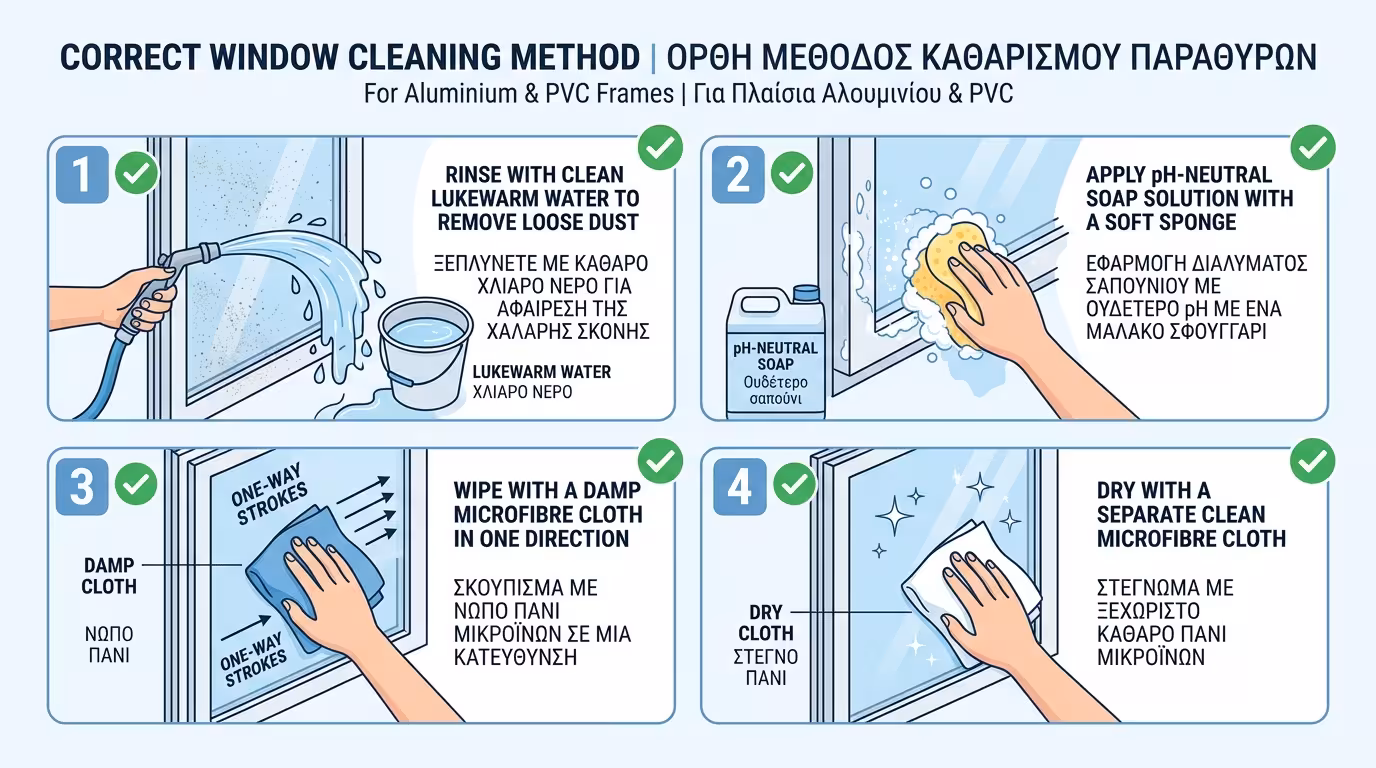 Σωστός καθαρισμός: σαπούνι πιάτων, πανί μικροϊνών, χλιαρό νερό