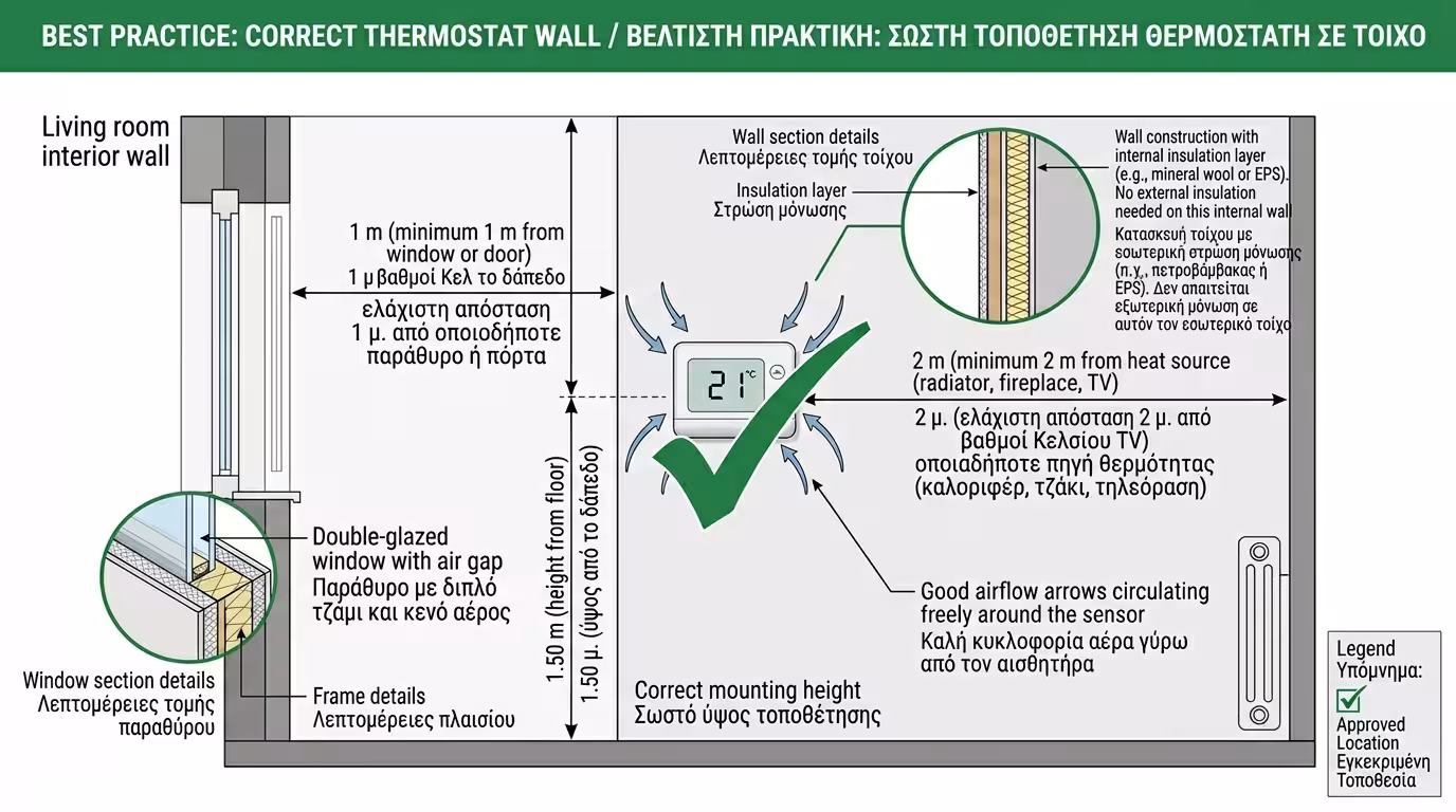Σωστή τοποθέτηση θερμοστάτη - εσωτερικός τοίχος, 1.50m, σαλόνι