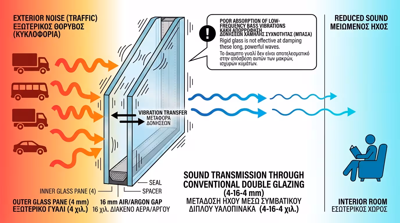 Ηχητικά κύματα που περνούν μέσα από συμβατικό διπλό τζάμι - μεταφορά δόνησης