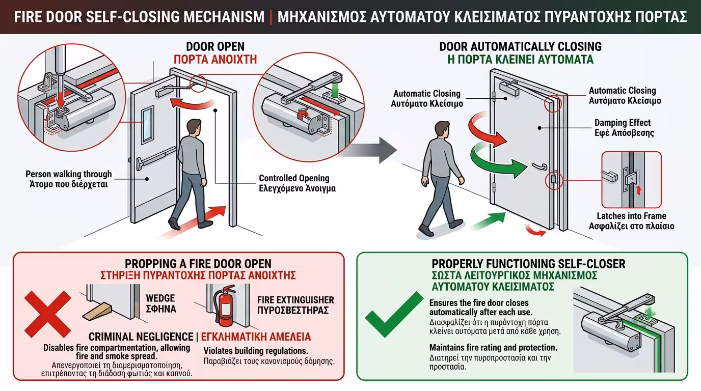 Μηχανισμός επαναφοράς (σούστα): η πόρτα κλείνει αυτόματα - απαγορεύεται να μπλοκαριστεί