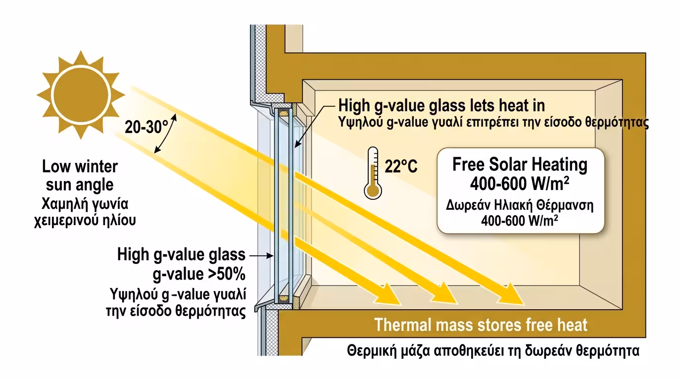 Νότια πρόσοψη με ηλιακό κέρδος τον χειμώνα - βιοκλιματικός σχεδιασμός