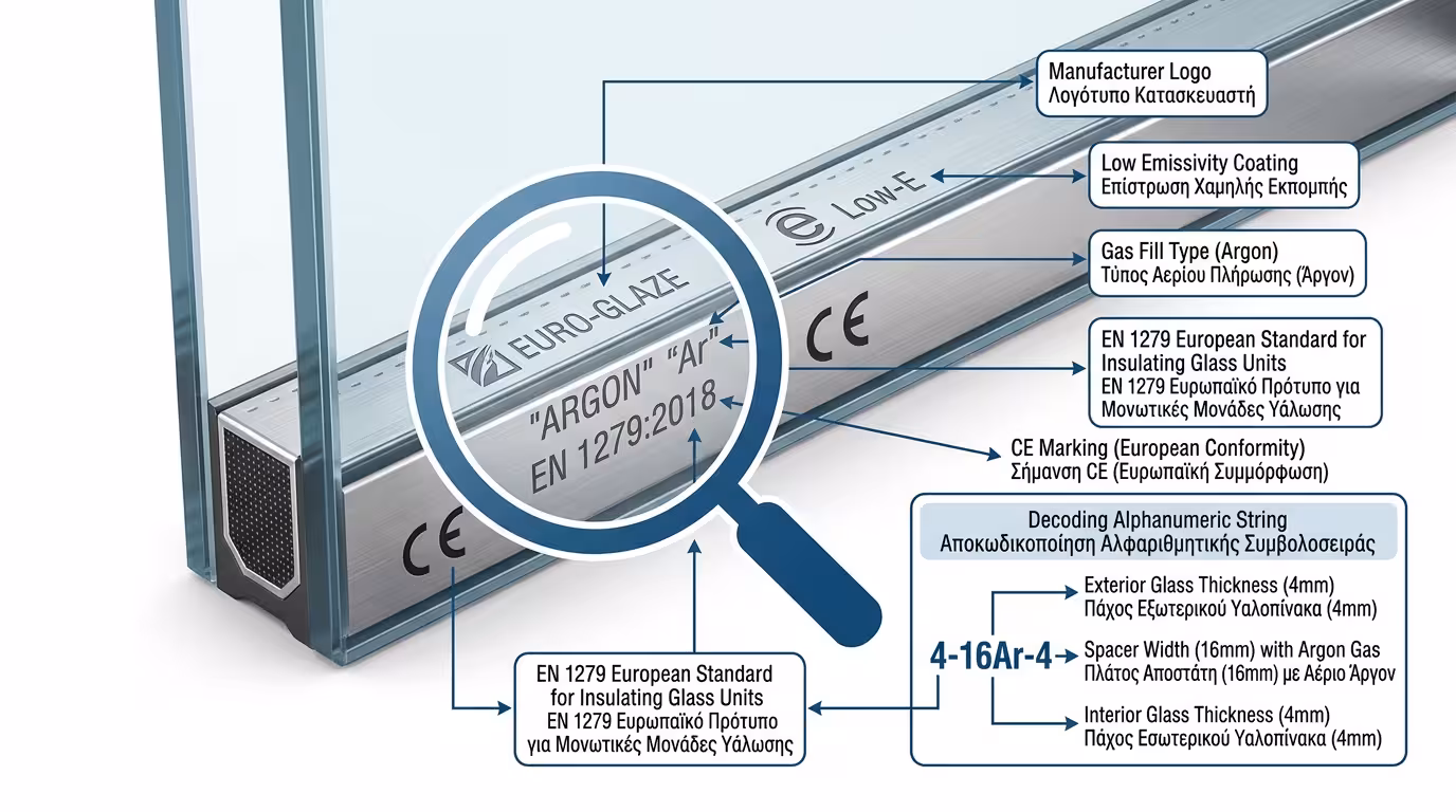 Σφραγίδα κατασκευαστή και κωδικός στον αποστάτη ενεργειακού υαλοπίνακα