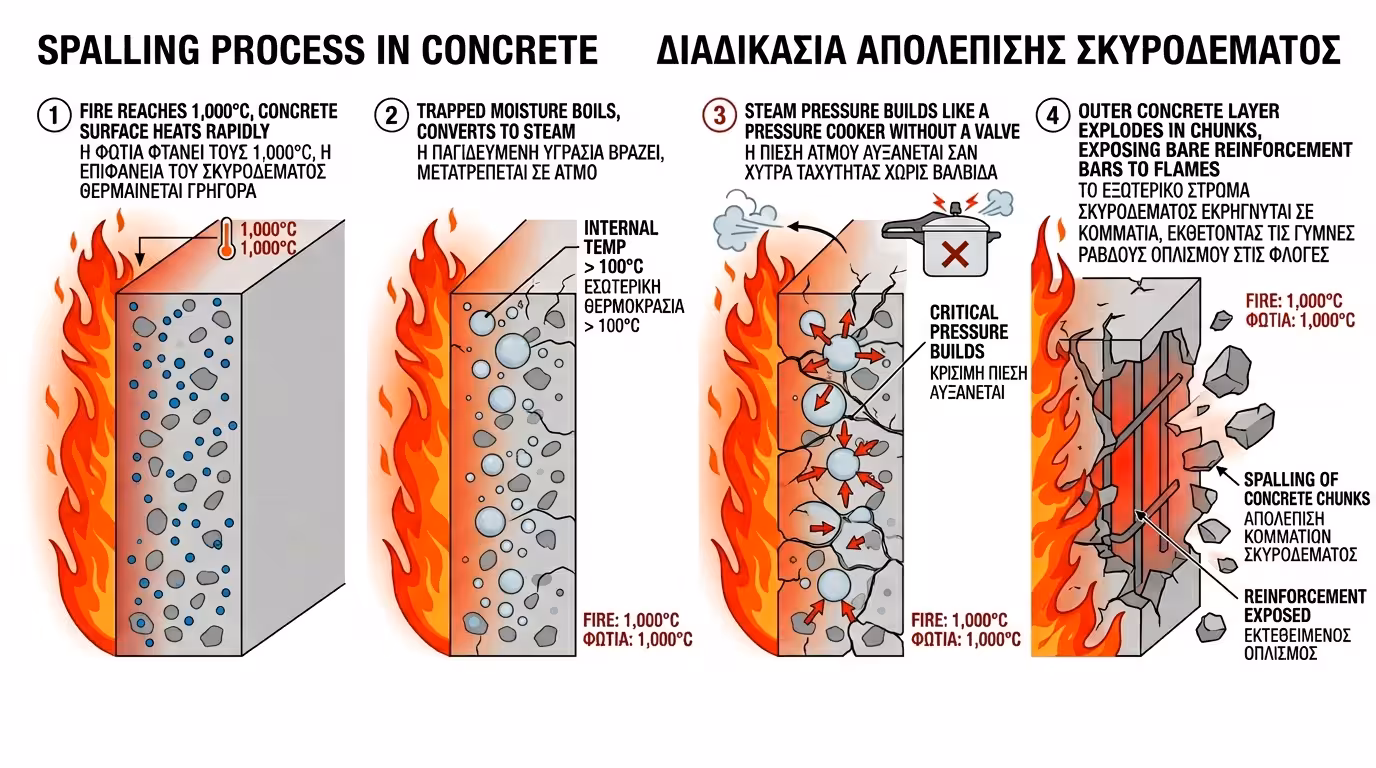Αποφλοίωση (spalling): η εξωτερική στρώση εκρήγνυται, τα σίδερα μένουν γυμνά στις φλόγες