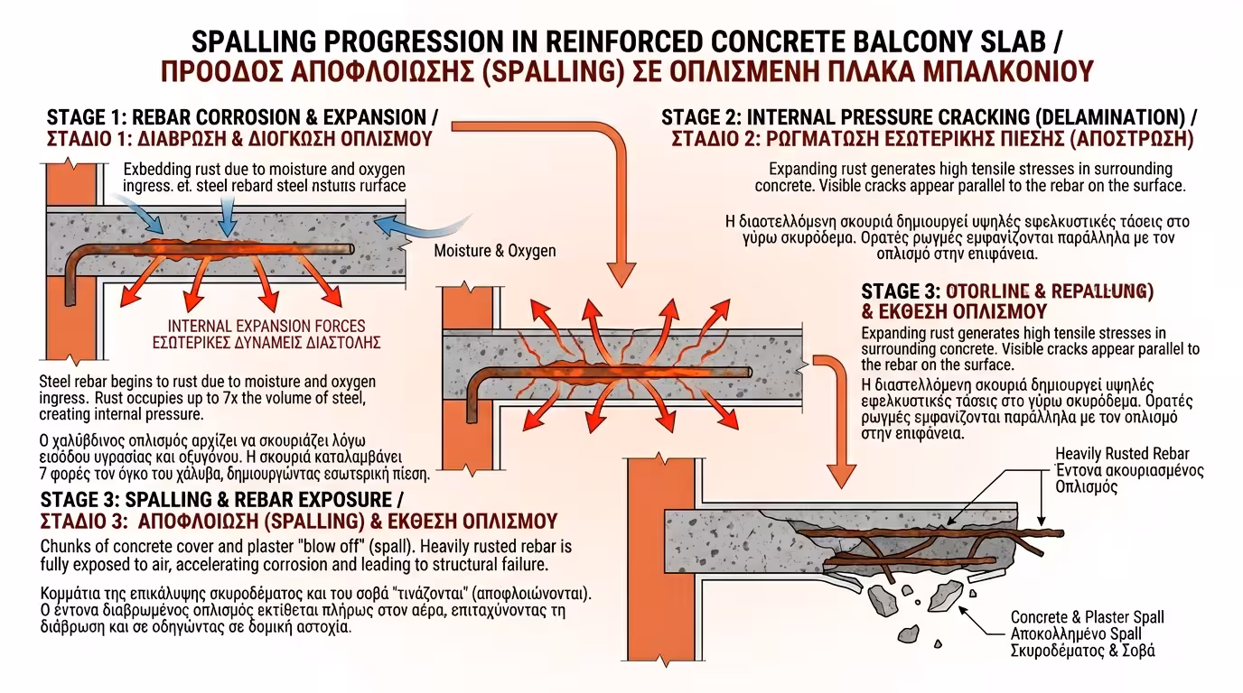 Spalling - σκουριασμένα σίδερα, εκτίναξη σκυροδέματος