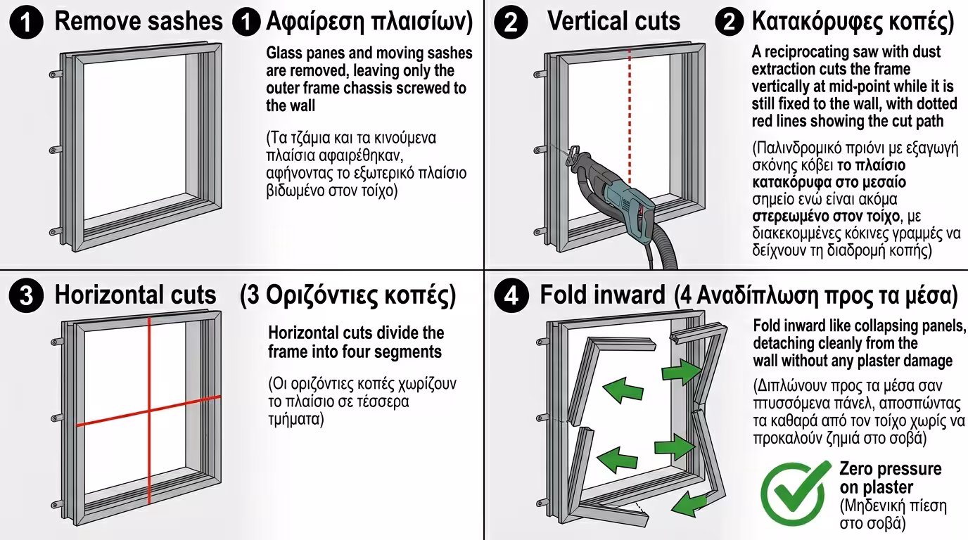 Σπαθόσεγα κόβει παλιά κάσα αλουμινίου χωρίς ζημιά στον τοίχο