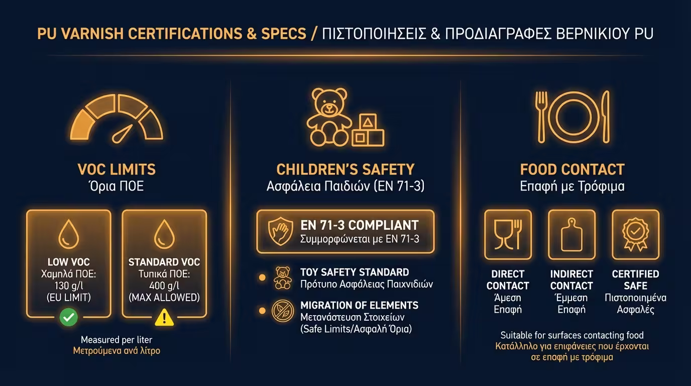 Ινφογκράφικ τεχνικών προδιαγραφών PU βερνικιών: VOCs, EN 71-3, food contact (ελληνικά και αγγλικά)