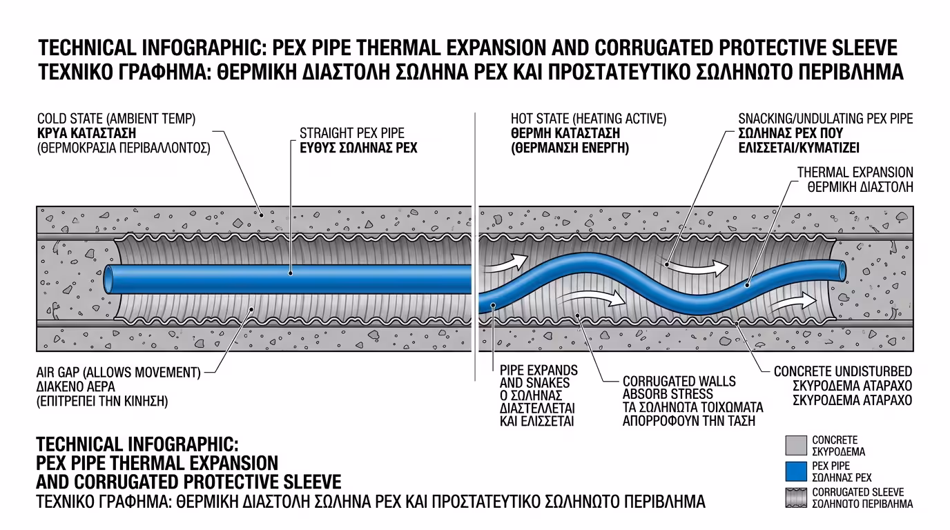 Σπιράλ προστασίας στο δάπεδο - σωλήνας κάνει φιδάκια μέσα στο σπιράλ, μπετόν γύρω