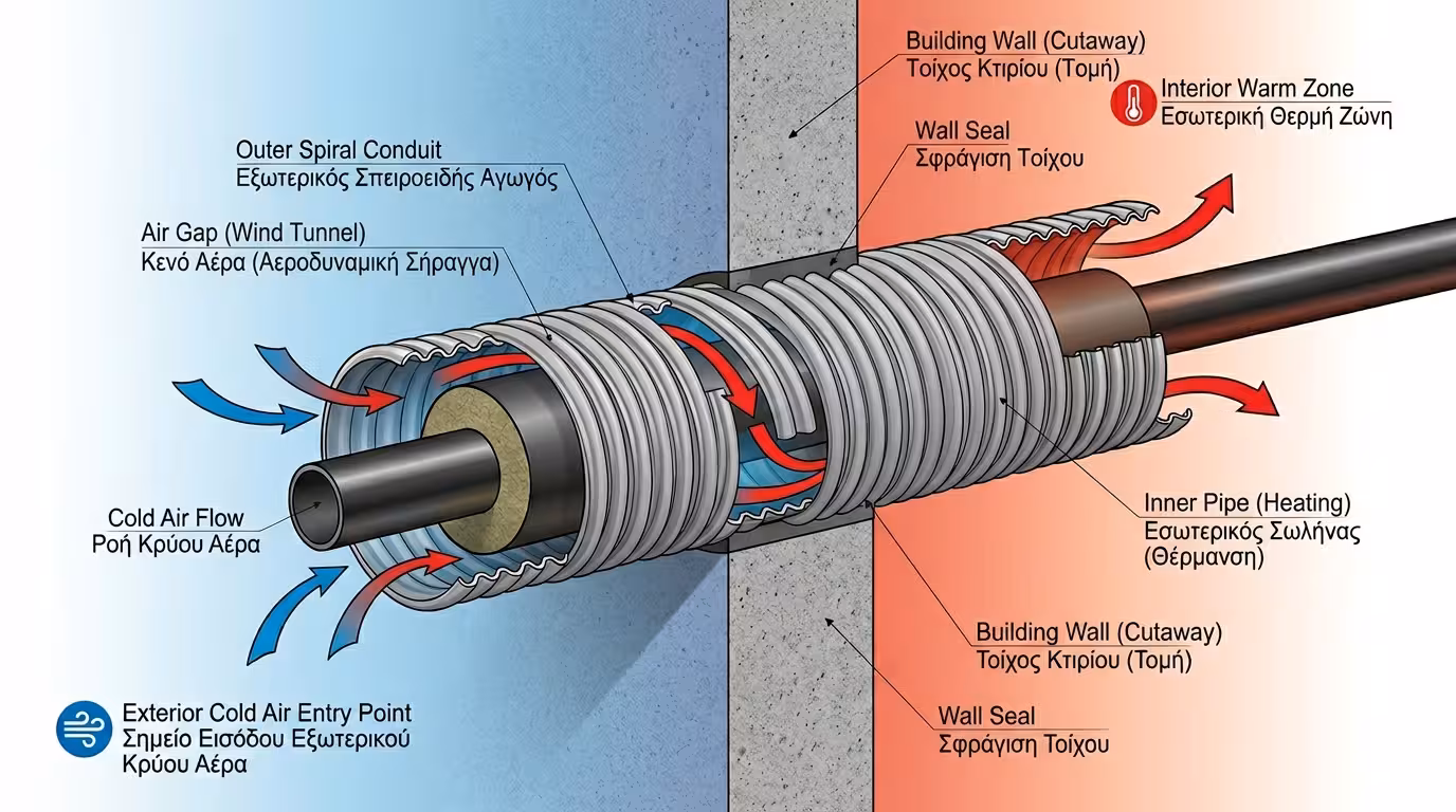 Σωλήνας PEX μέσα σε κόκκινο σπιράλ - κενό αέρα ανάμεσα στους δύο σωλήνες
