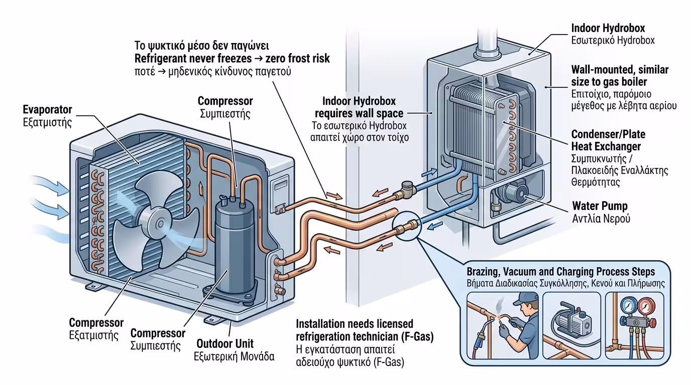Αντλία θερμότητας Split - εξωτερική μονάδα και εσωτερικό Hydrobox