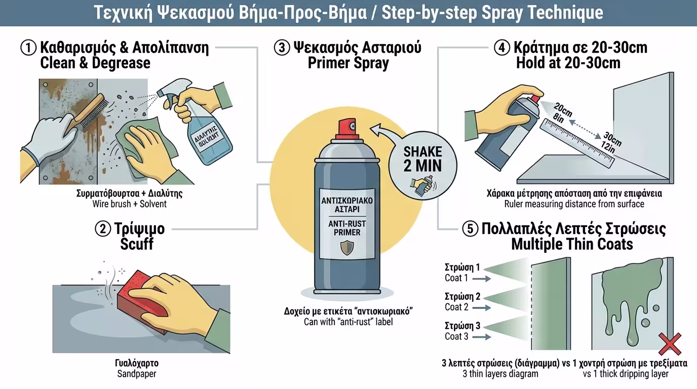 Ινφογκράφικ: Η ορθή τεχνική ψεκασμού - σταθερή απόσταση 20-30cm, σταυρωτές στρώσεις, λεπτά χέρια.