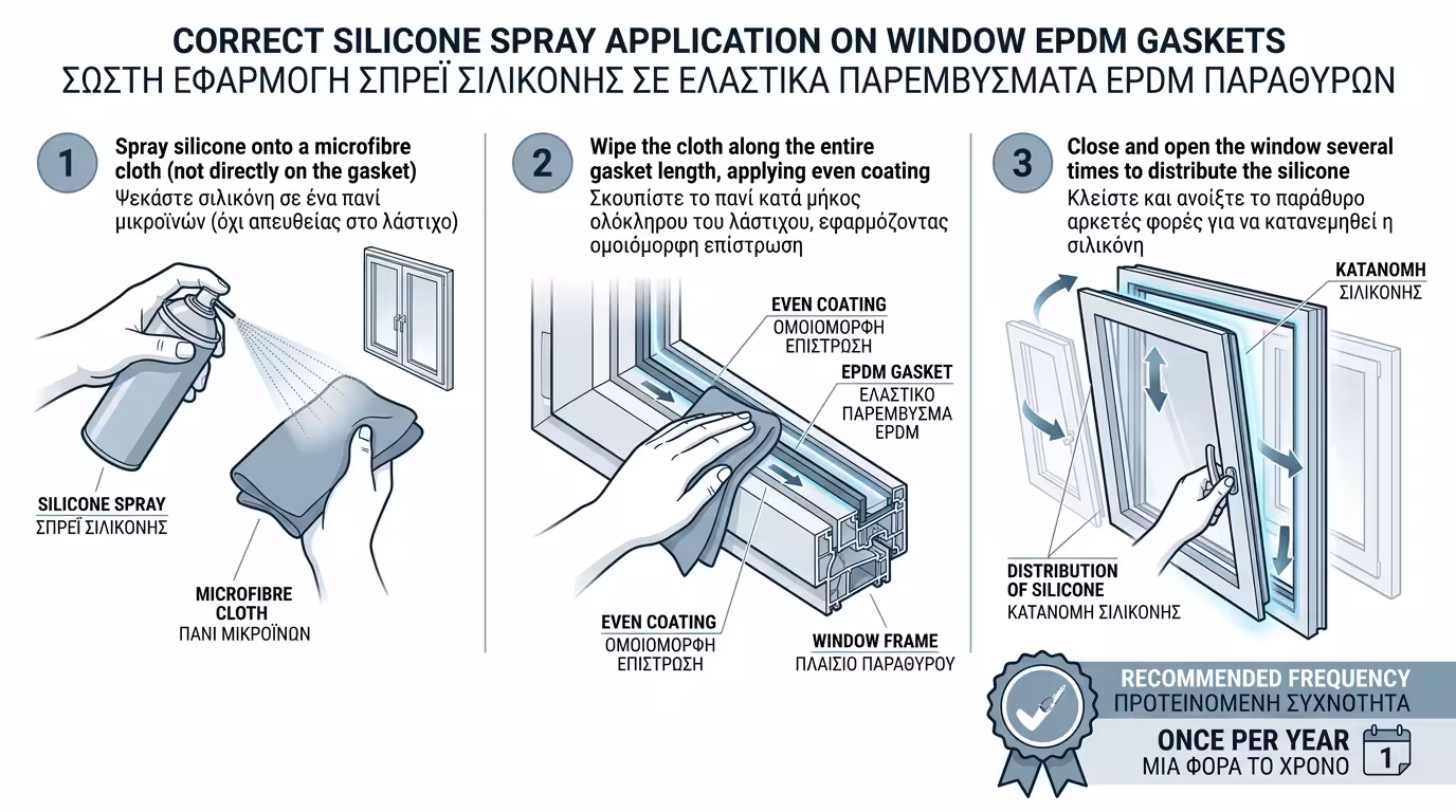 Εφαρμογή σπρέι σιλικόνης σε πανάκι για λάστιχα κουφωμάτων