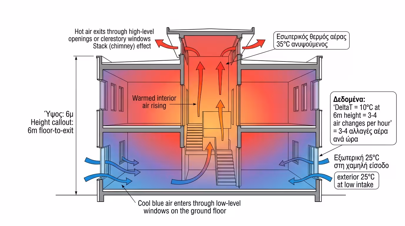 Φαινόμενο καμινάδας - ζεστός αέρας ανεβαίνει, δροσερός μπαίνει χαμηλά