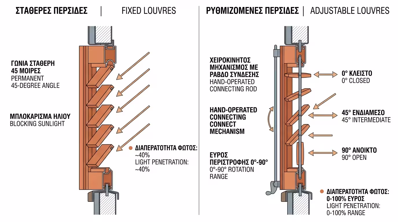 Παντζούρια αλουμινίου με σταθερές οβάλ περσίδες - παραδοσιακή αισθητική σε νησιώτικο σπίτι
