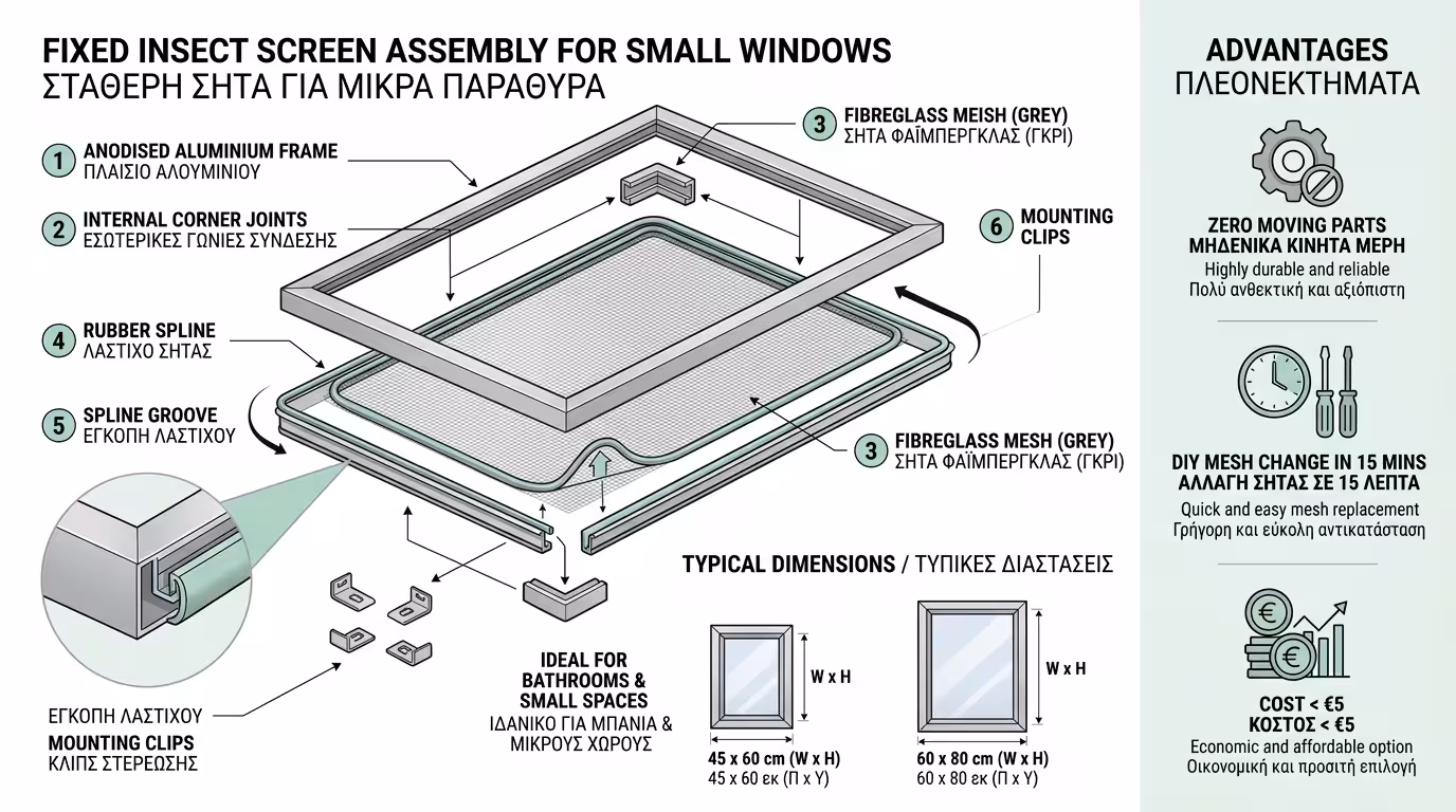 Σταθερή σίτα αλουμινίου σε παράθυρο μπάνιου