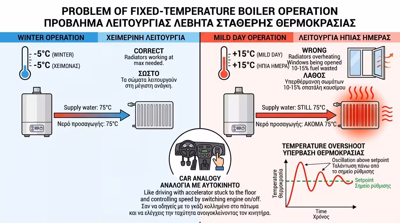 Σταθερή θερμοκρασία 75°C - λέβητας τυφλός, σπατάλη, overshoot