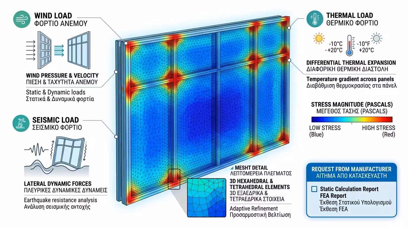 Στατική προσομοίωση FEA - ανάλυση πεπερασμένων στοιχείων σε jumbo γυαλί