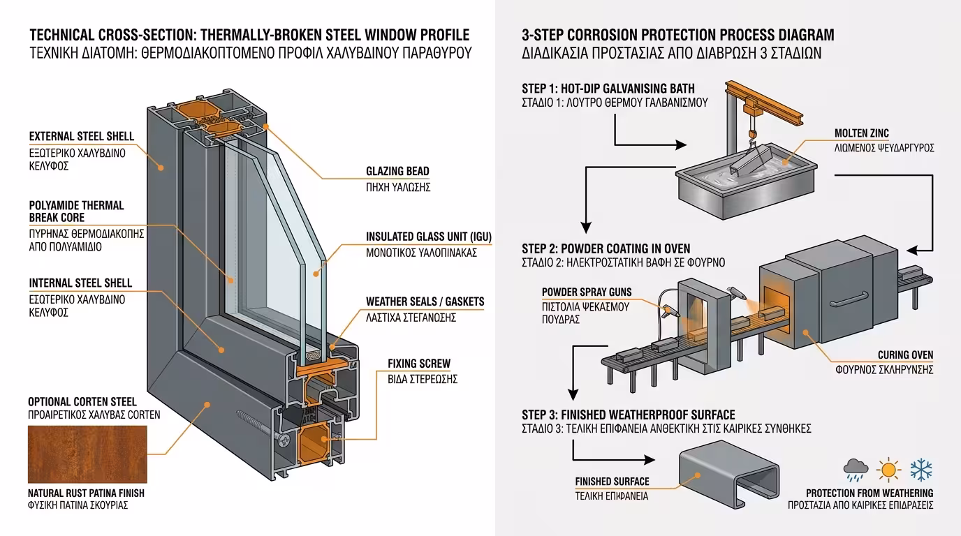 Θερμοδιακοπή ακριβείας και αντιδιαβρωτική θωράκιση σε χαλύβδινο προφίλ