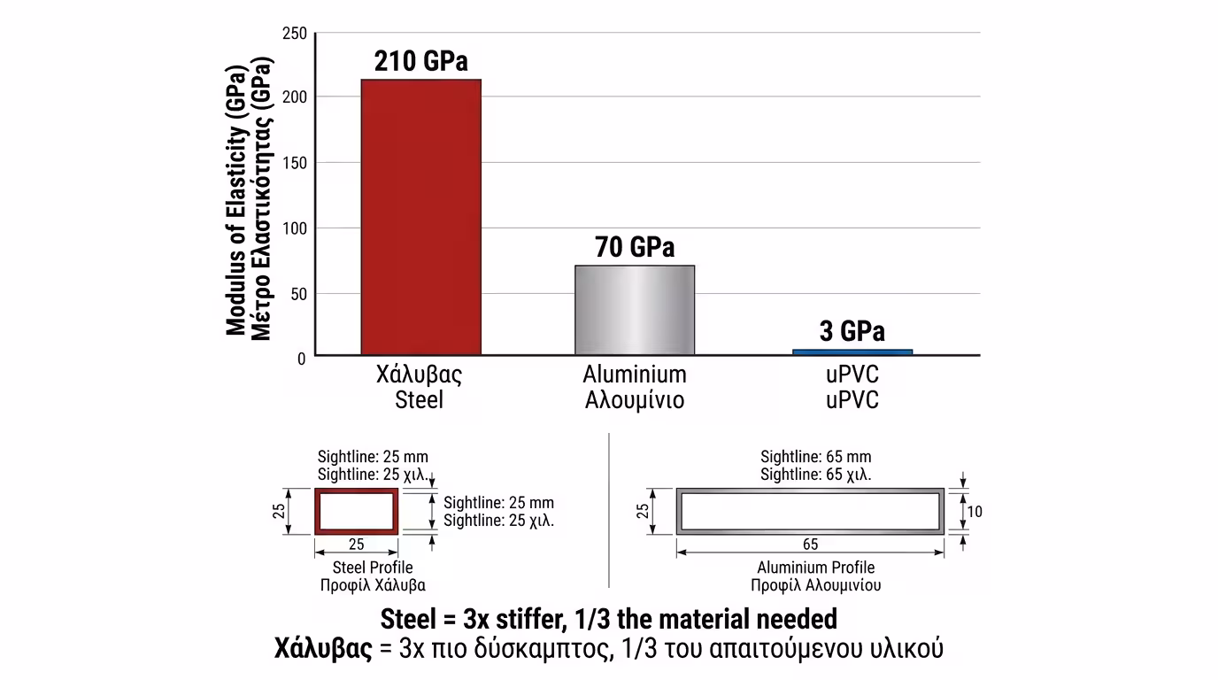 Μέτρο Ελαστικότητας - ο χάλυβας 3× πιο άκαμπτος από αλουμίνιο, λεπτότερα προφίλ