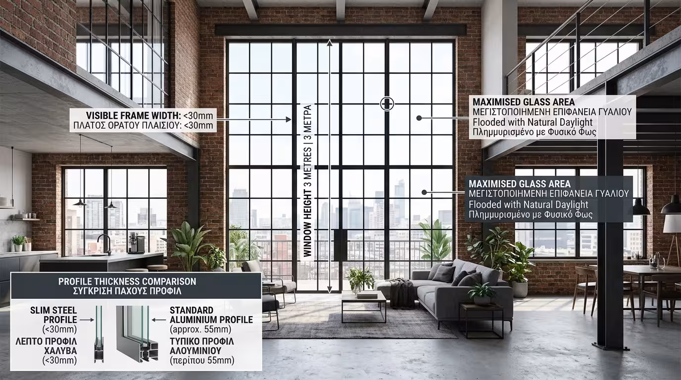 Χαλύβδινα κουφώματα - αόρατα έργα τέχνης, τεράστια ανοίγματα, στιβαρότητα