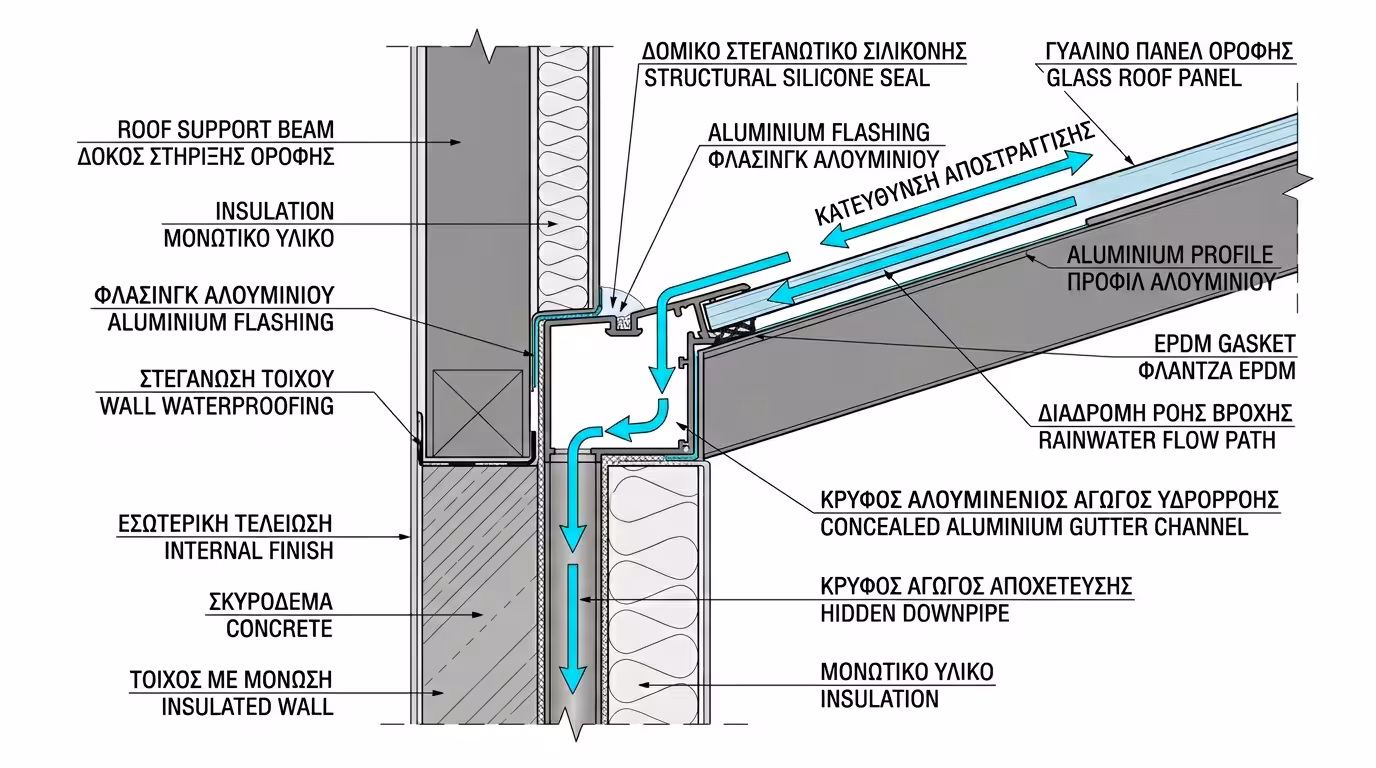 Στεγάνωση αίθριου - αόρατες υδρορροές, δομικές σιλικόνες UV, EPDM ελαστικά