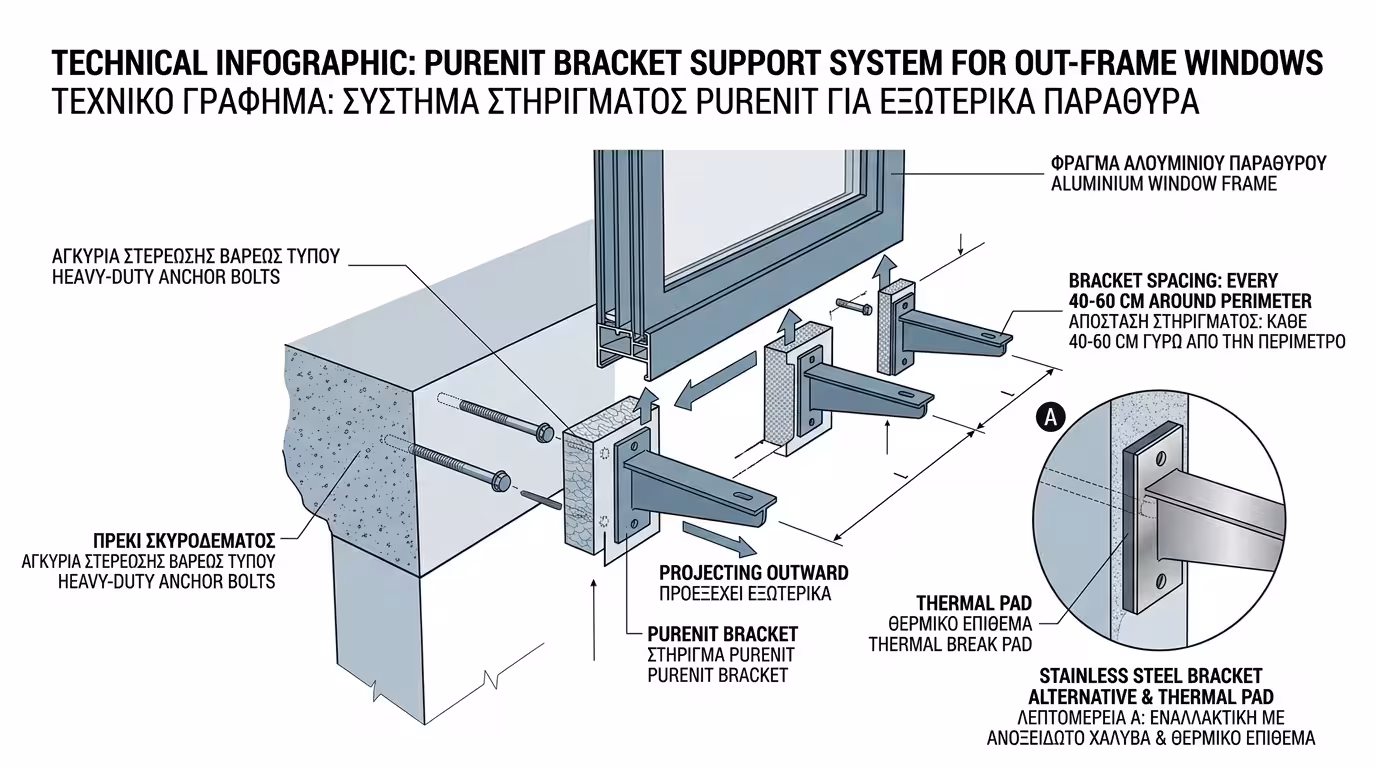 Ειδικά στηρίγματα Purenit σε κολάρο εξωτερικού τοίχου - στήριξη out-frame κουφώματος