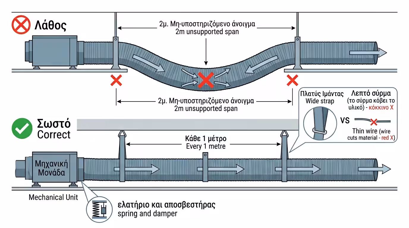 Στήριξη σπιράλ αεραγωγού - ιμάντες οροφής, αποφυγή κοιλιάς