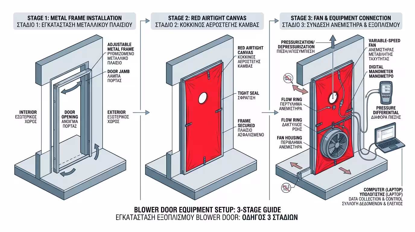 Blower Door: αεροστεγής καμβάς με ανεμιστήρα προσαρμοσμένος στην εξώπορτα