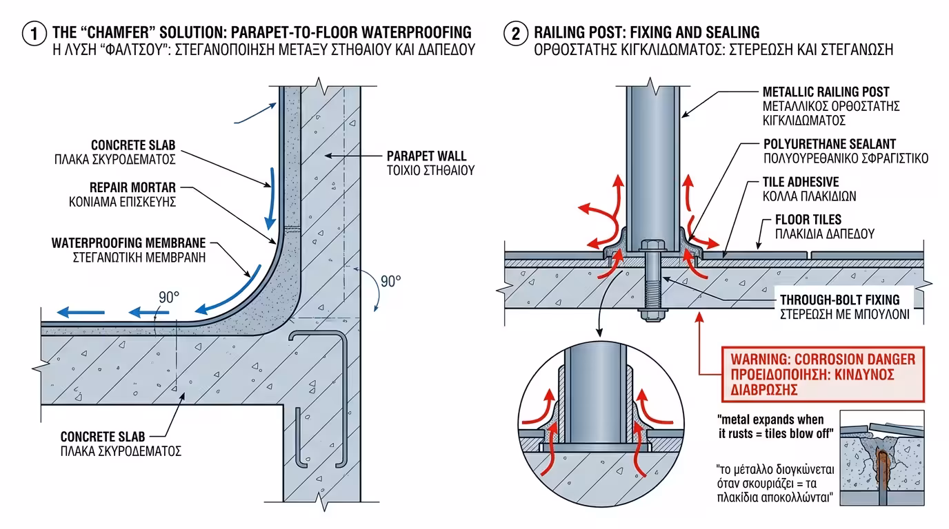 Στηθαίο μπαλκονιού - λούκι, σφράγιση βάσεων κάγκελων