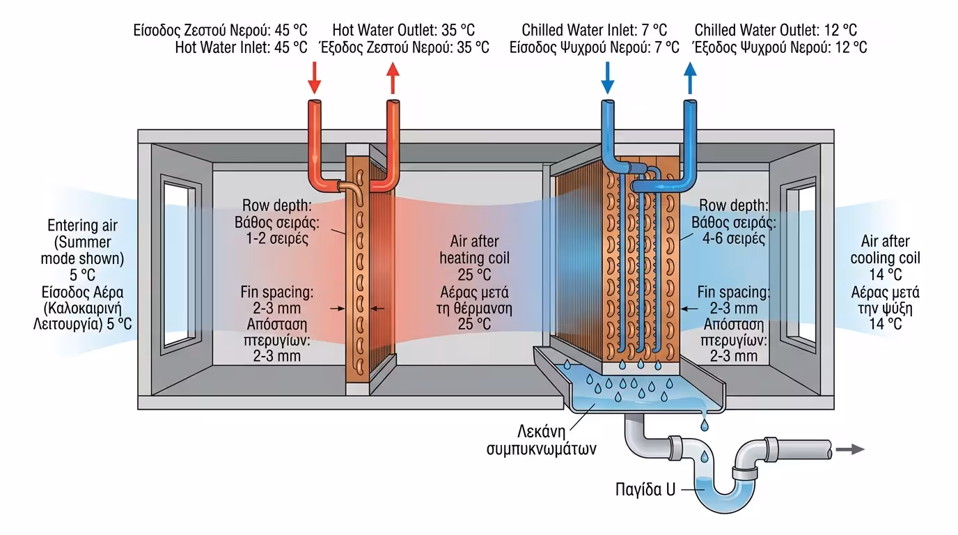 Στοιχεία νερού coils ΚΚΜ - θέρμανση, ψύξη, λεκάνη συμπυκνωμάτων