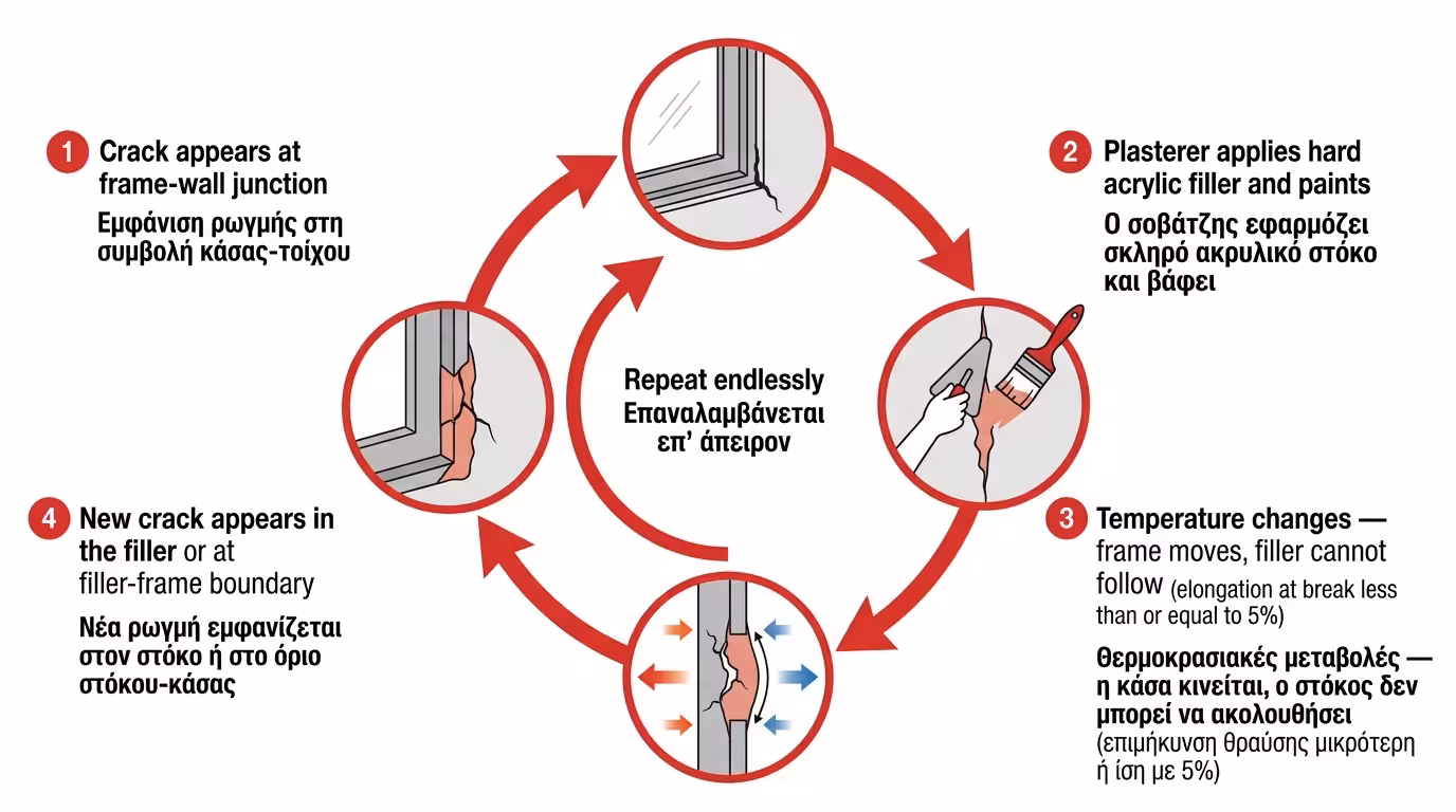 Στόκος παρετίνης σπάει ξανά και ξανά - φαύλος κύκλος επισκευής ρωγμής γύρω από κάσα