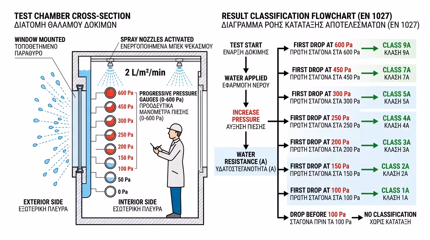 Θάλαμος δοκιμών υδατοστεγανότητας - ψεκασμός νερού υπό πίεση