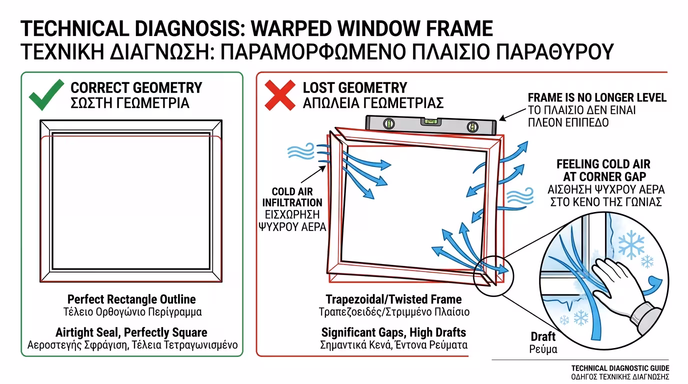 Στραβωμένη κάσα - κενό στη γωνία - αέρας περνάει μέσα