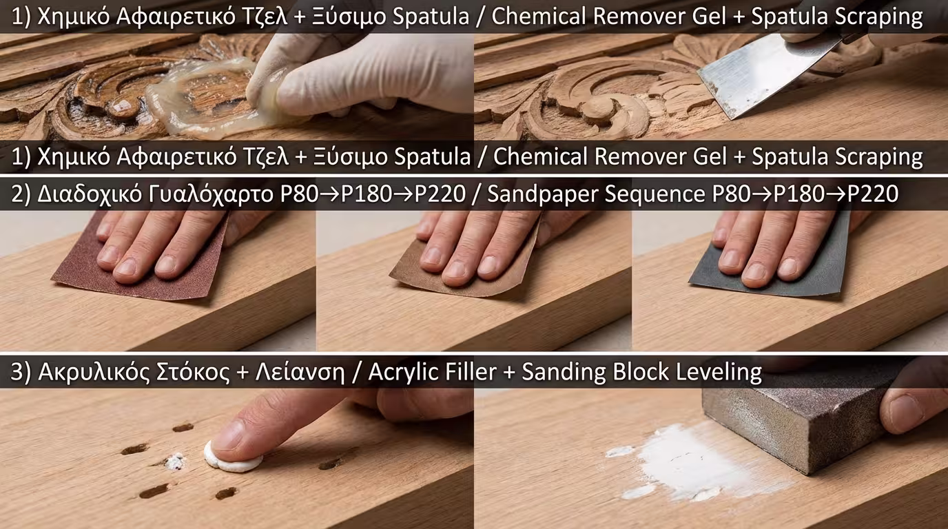Ινφογκράφικ: γυαλόχαρτα P80→P180→P220 σε σειρά, στοκάρισμα τρυπών σαρακιού, λείανση τοπικά (ελληνικά και αγγλικά)
