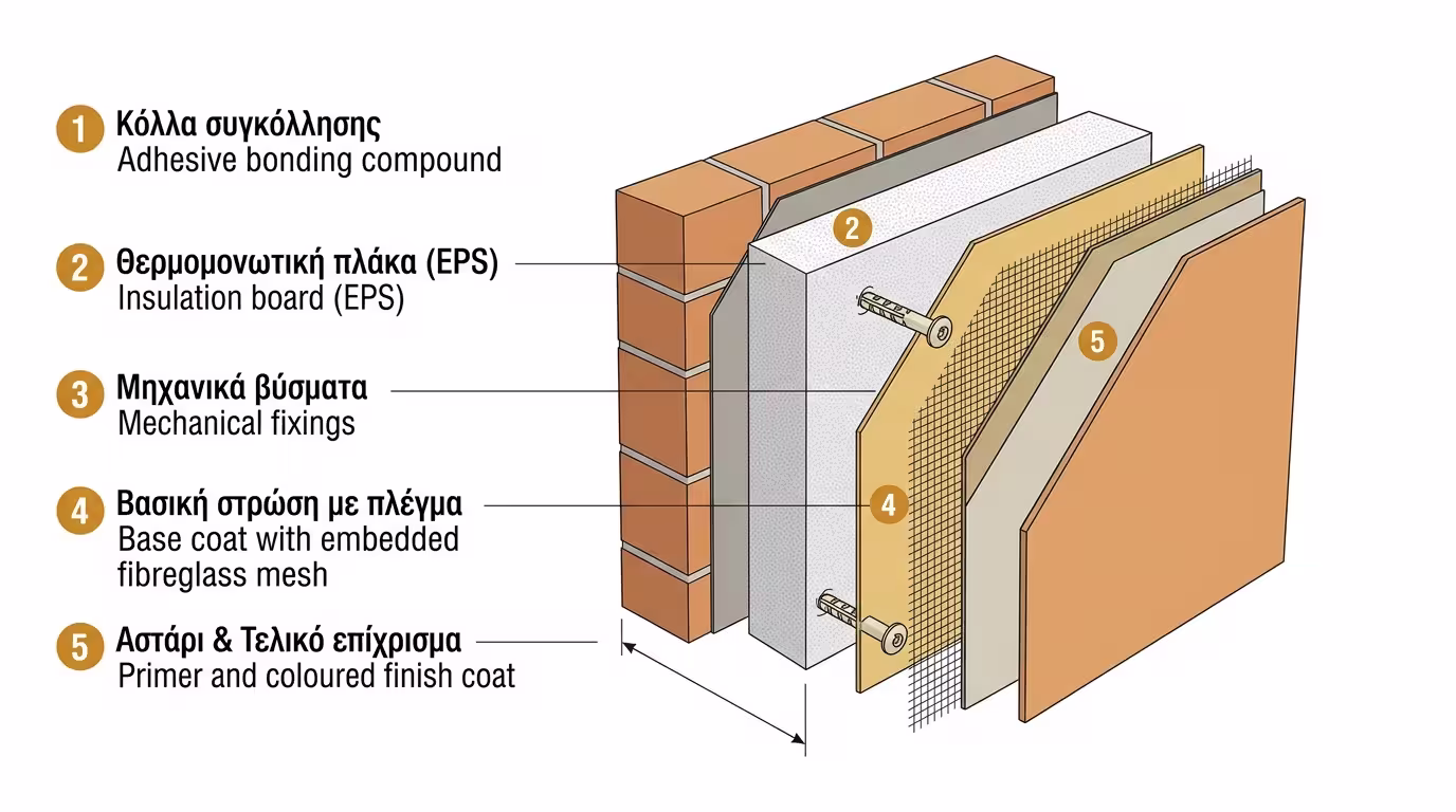 Διαστρωμάτωση συστήματος ETICS - 5 στρώσεις θερμοπρόσοψης