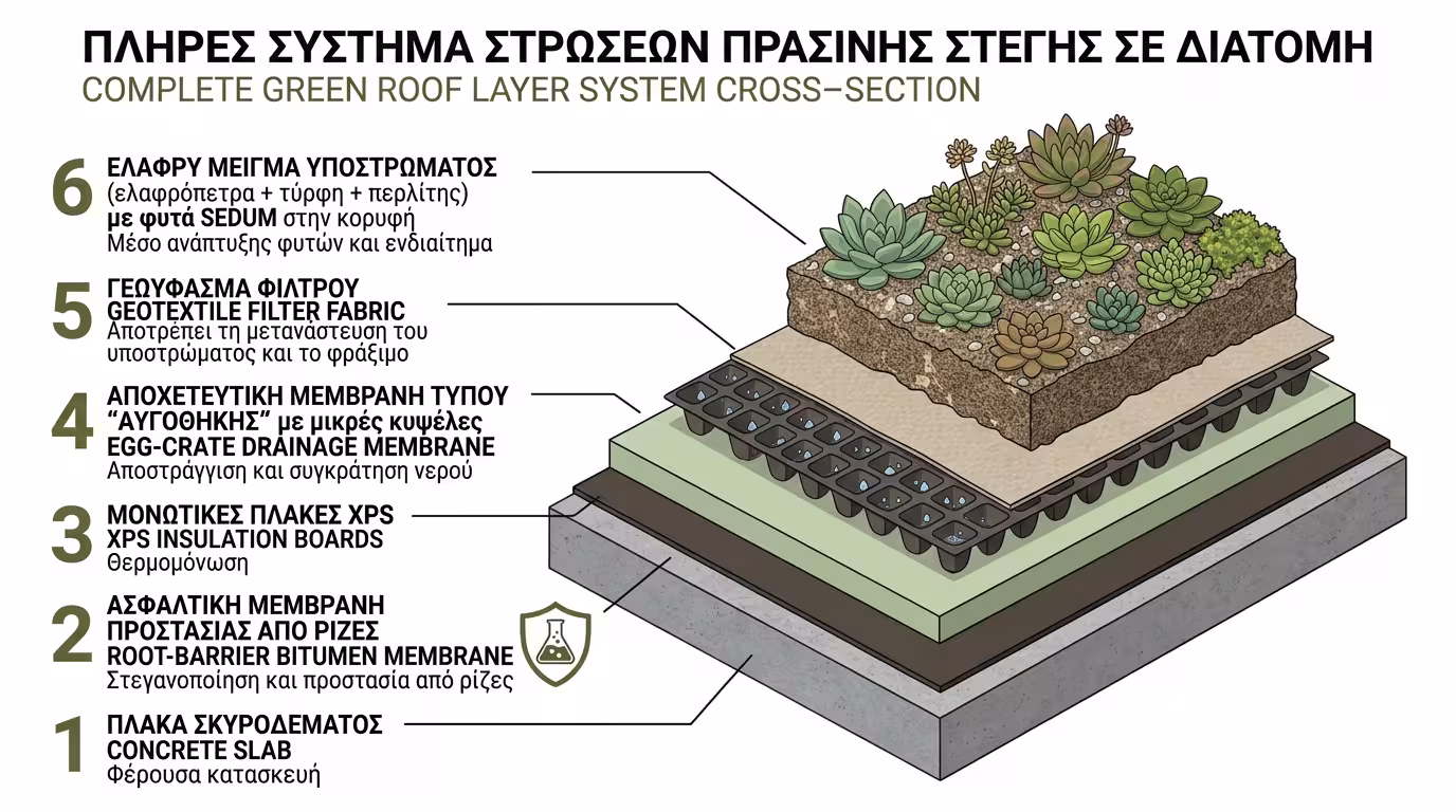 Στρώσεις roof garden - αντιριζικό, XPS, αποστράγγιση, γεωύφασμα
