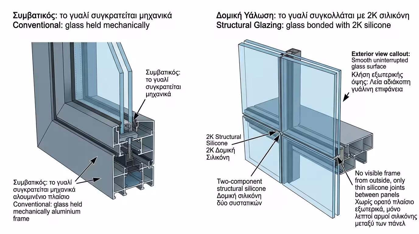 Αρχή λειτουργίας Structural Glazing - υαλοπίνακας κολλημένος με δομική σιλικόνη σε μεταλλικό σκελετό