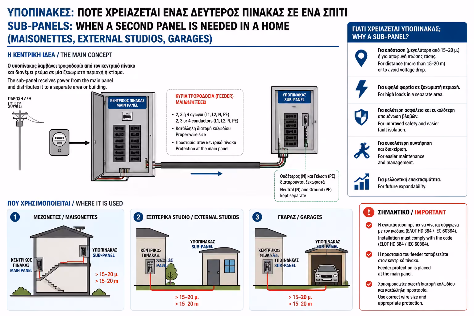 Κεντρικός πίνακας που τροφοδοτεί υποπίνακα με μία χοντρή γραμμή