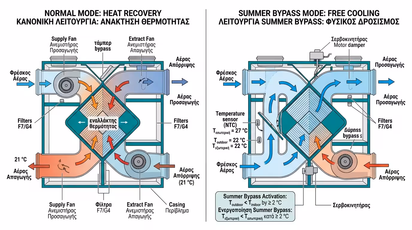 Summer bypass damper - μηχανοκίνητο κλαπέτο παράκαμψης εναλλάκτη, δροσερός αέρας κατευθείαν μέσα