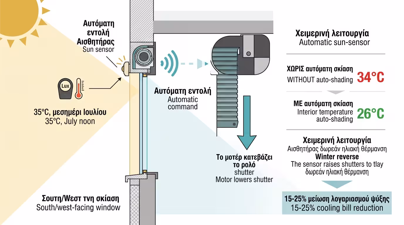 Αισθητήρας ηλιοφάνειας στην πρόσοψη - αυτόματο κατέβασμα ρολών